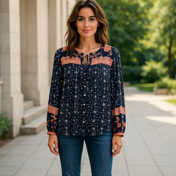WONDERLY Top L Navy Blue Rust Floral Button Front Long Sleeve Woven Rayon - Picture 1 of 7